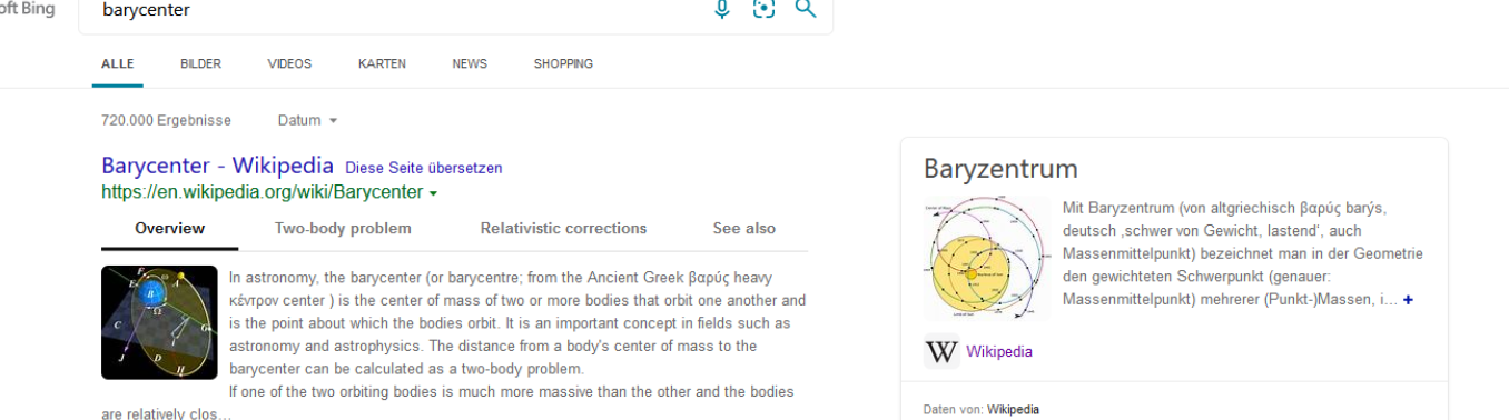 Das Baryzenter unseres Sonnensystems in bing, wie es laut englischer Wikipedia um die Sonne rotiert